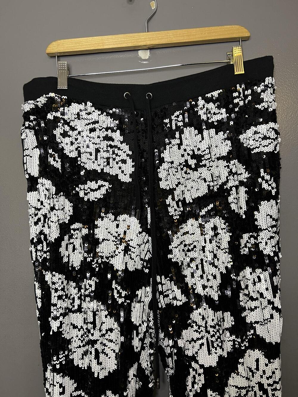 Michael Michael Kors Pants Womens Large Black White Sequin Floral Jogger Party